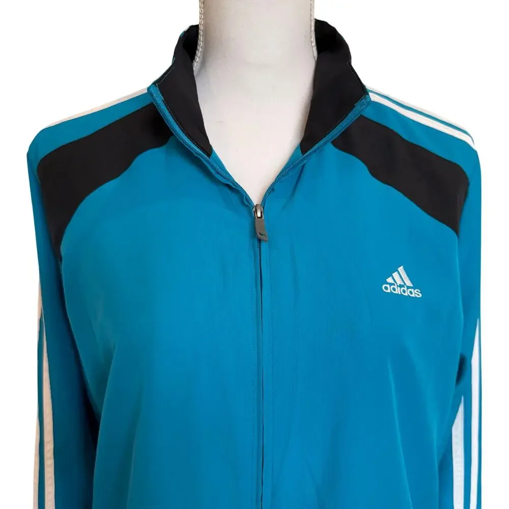 Adidas Jacket Women's Large Blue Black Track Windbreaker Warm Up Woven